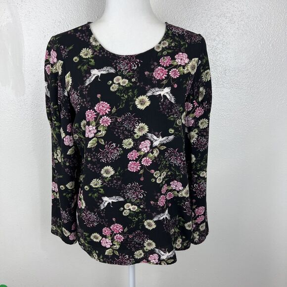 Kensie Blouse Women Extra Small Black Pink Floral All Over Print Long Sleeve - Picture 13 of 13